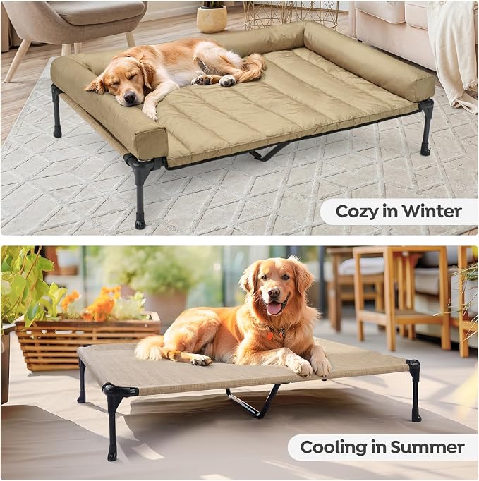 Veehoo Outdoor Elevated Dog Bed with Waterproof Bolster Cushion, Cooling | Raised Dog Bed with Removable & Washable Mat Topper, Breathable Mesh, Dog Couch Cot for Indoor Outdoor, 49", Large, Beige