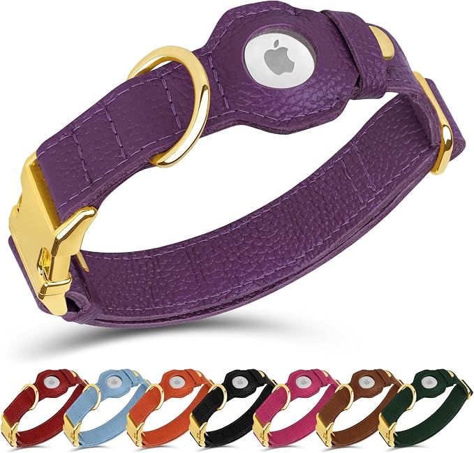 Leather Airtag Dog Collar - Soft Tracking Dog Collar with Apple AirTag Holder and Metal Buckle - Safety GPS Pet Collars for Small Medium Large Dogs Puppy Pink Red (Purple, XL, 20"-25" Neck Fit)