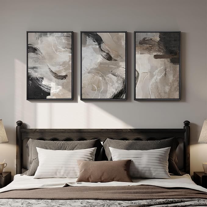 Framed Neutral Abstract Wall Art, 3 Piece Modern Minimalist Canvas Prints Paintings Artwork for Walls, Black Beige Brown Neutral Tone Pictures for Living Room Dining Room Bedroom Wall Decor 16x24 In