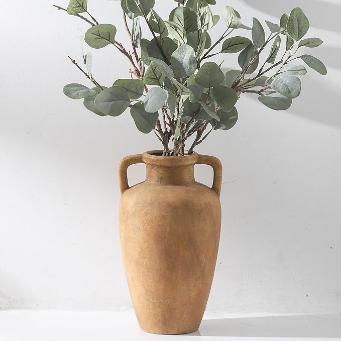 Ceramic Vase with 2 Handles, 11.41 Inch Rustic Farmhouse Vase | Terracotta Wide Mouth Vase Adds Rustic Farmhouse Charm to Living Room, Entryway, Shelf, and Table Decor, Perfect for Weddings