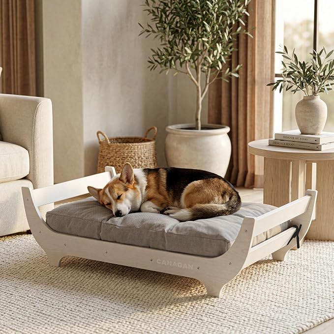 CANAGAN Elevated Wood Dog Bed Frame with Cushion, MaplePattern, Medium | Raised Dog Couch Bed with Washable Cover and Plush PP-Filled Cushion, Furniture-Style for Indoor Living