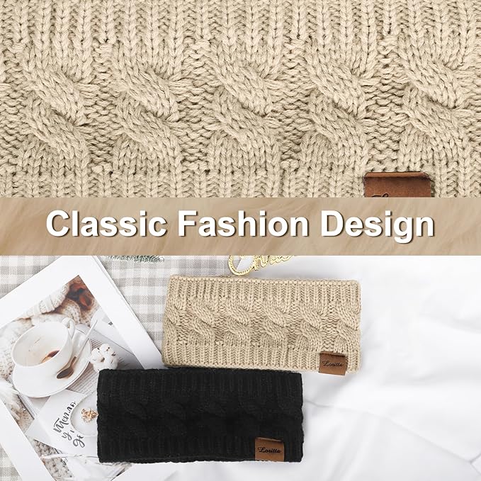 Loritta 2 Pack Headbands for Women Winter Warm Cable Knit Ear Warmer Thick Head Wrap Fuzzy Fleece Lined Gifts