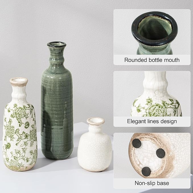 Ceramic Vase Set, 3Pcs Flower Vases for Modern Boho Farmhouse Decor, Decorative Vases for Pampas Grass & Dried Flowers, Distressed Finish