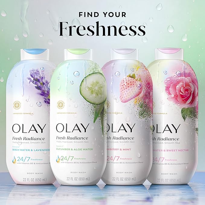 Olay Body Wash for Women, Fresh Radiance, 24/7 Skin-Loving Freshness, Visibly Radiant, Plant Based Cleansers, Vitamin B3 & Antioxidant Blend, For All Skin Types, Cucumber & Aloe Water Scent, 22 fl oz