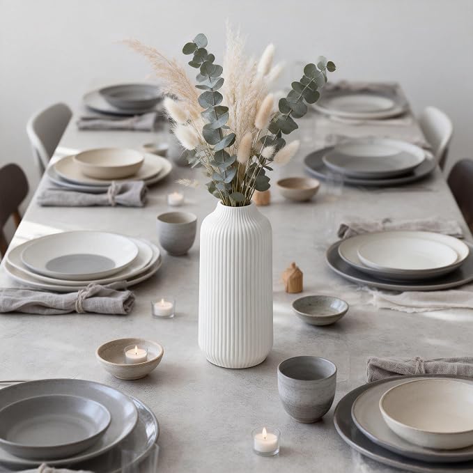 flature Ceramic Vase in Nordic Style, Decovase for Pampas Grass as Boho Deco, Vase White Matt 8 inch for Flowers, Scandinavian Design Home Decoration for Fresh Flowers, Dried Flowers (Size M)