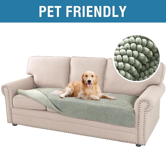 H.VERSAILTEX Plush Chenille Dog Bed Cover Thick Soft Sofa Cover for 3 Cushion Couch Anti Slip Couch Cover Furniture Protector for Dog, Pet, Cat (35" x 82", Sea Foam)
