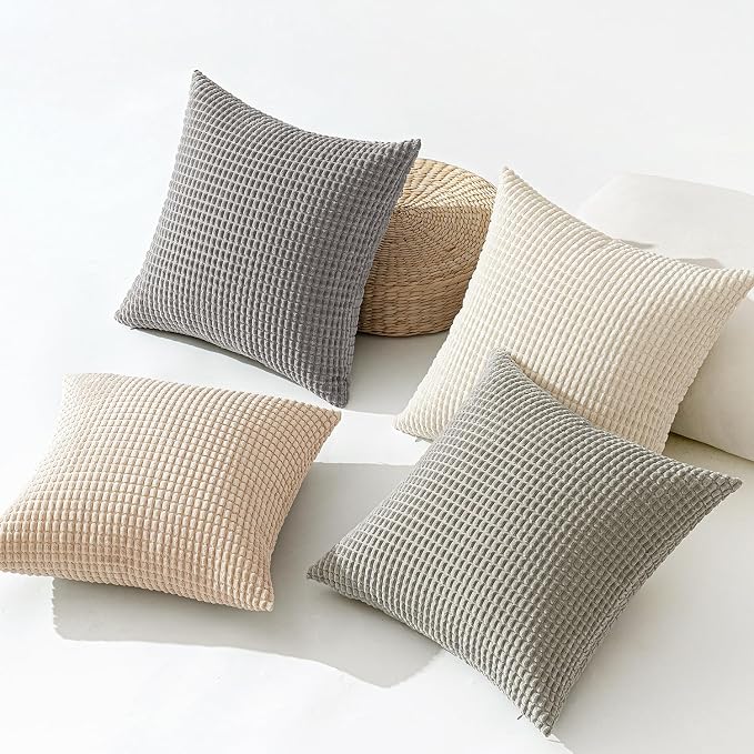 MIULEE Boho Farmhouse Decorative Pillow Covers 18x18 Inch Set of 4 Neutral | Rustic Modern Neutral Home Decor, Couch Throw Pillows, Corduroy Pillowcases for Sofa Living Room Bed