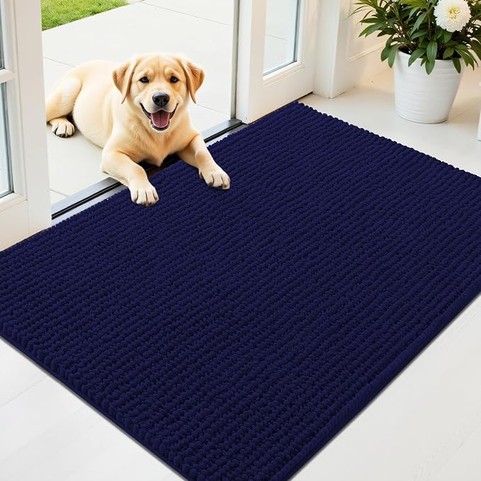 OLANLY Dog Door Mat for Muddy Paws 44x32, Extra Absorbent Chenille Mud Mat | Navy Blue, Absorbs Moisture and Dirt, Non-Slip Machine Washable Doormat, Quick-Drying Indoor Entryway Floor Mat for Dogs
