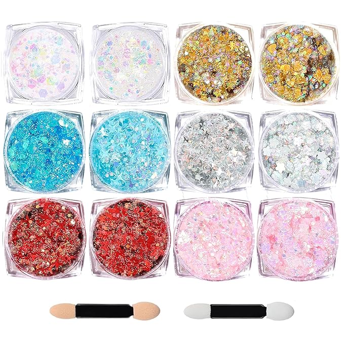 Body Glitter Face Glitter, Hair Glitter for Kids, 12 Shapes Fine Chunky Glitter Gel for Women Girls Makeup Sparkles Party Mermaid Sequins Rave Accessories Festival (White-Gold-Pink-Silver-Blue-Red)