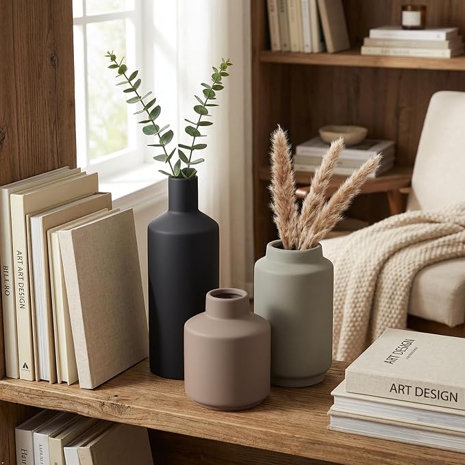 Ceramic Vase Set of 3, Modern Decorative Vases for Home Decor, Small Flower Pottery Vase Sets, Boho Farmhouse Rustic Vases for Living Room, Kitchen, Bedroom, Bathroom, Shelf, Table