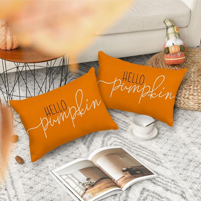 RABUSOFA Fall Pillow Covers 12x20 Hello Pumpkin Decorative Throw Pillows | Lumbar Outdoor Autumn Thanksgiving Cushion Cover Farmhosue Fall Decor for Bedroom Couch Sofa Orange