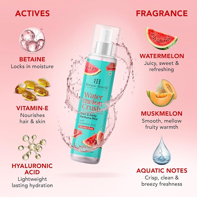 Botanic Hearth Watermelon Hair Perfume & Body Mist, Long-Lasting Hair Deodorizer & Body Scent for Women & Men, Alcohol-Free Clean Fragrance Hair Spray For Everyday Wear, All Day Freshness, 3.4 Fl Oz