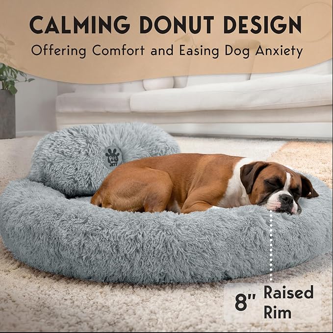PetJett XL Dog Beds for Large Sized Dog - 45'' Extra Large Dog Bed, Anti-Slip & Washable Super Soft Round Donut Bed, Fluffy Faux Fur Anti-Anxiety Premium Comfort Pet Bed, Fits Dogs up to 120 lbs