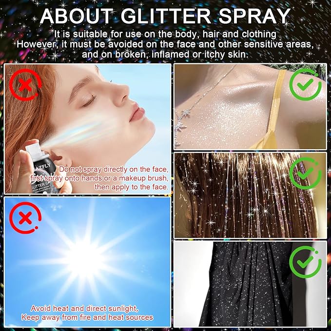 Hair and Body Glitter Spray, Temporary Shiny Hairspray for Face, Hair, Clothing, Holographic Shiny Glitter Long-Lasting Quick-Drying for Festival Prom Rave Accessories (Rainy-Rainbow, 2.11OZ)