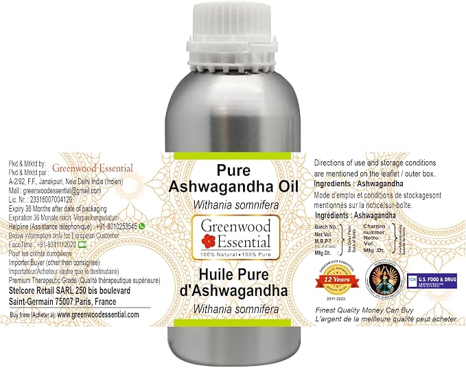 Greenwood Essential Ashwagandha Oil (Withania somnifera) | Infused | Pure | Non-Sticky | Lightweight | Ayurvedic | For Body Massage | Men & Women | 300ml (10 oz)