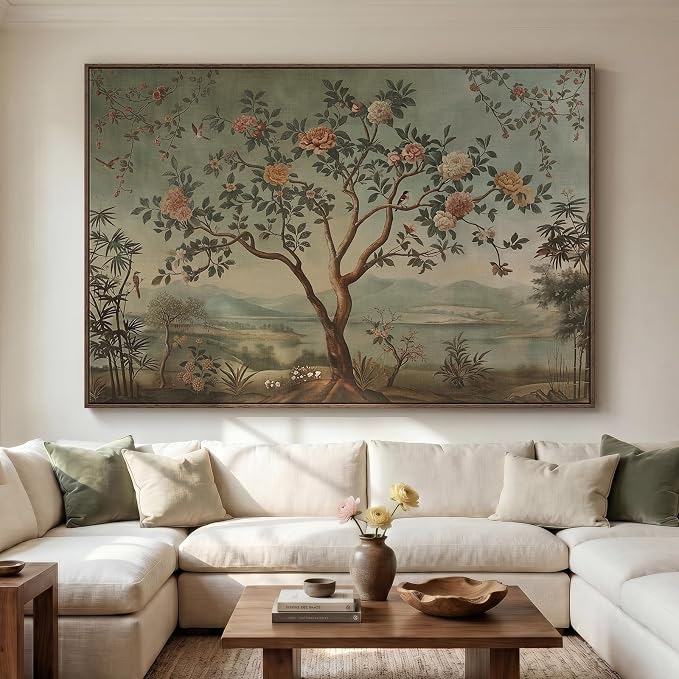 Extra Large Framed Vintage Landscape Wall Art for Living Room, Oversized Chinoiserie Tree Floral Canvas Horizontal Artwork for Walls, Retro Painting Prints Dining Room Hallway Wall Decor, 72x48 Inch