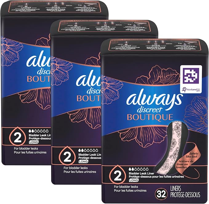 Always Discreet Boutique Incontinence Panty Liners for Bladder Leaks, Size 2, Very Light Absorbency, Long Length, 96 Count (Pack of 2)