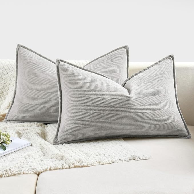MIULEE Pack of 2 Light Grey Decorative Lumbar Chenille Pillow Covers 12x20 | Soft Couch Throw Pillows,Farmhouse Cushion Covers with Elegant Design for Sofa,Bedroom,Living Room,Spring Home Decor