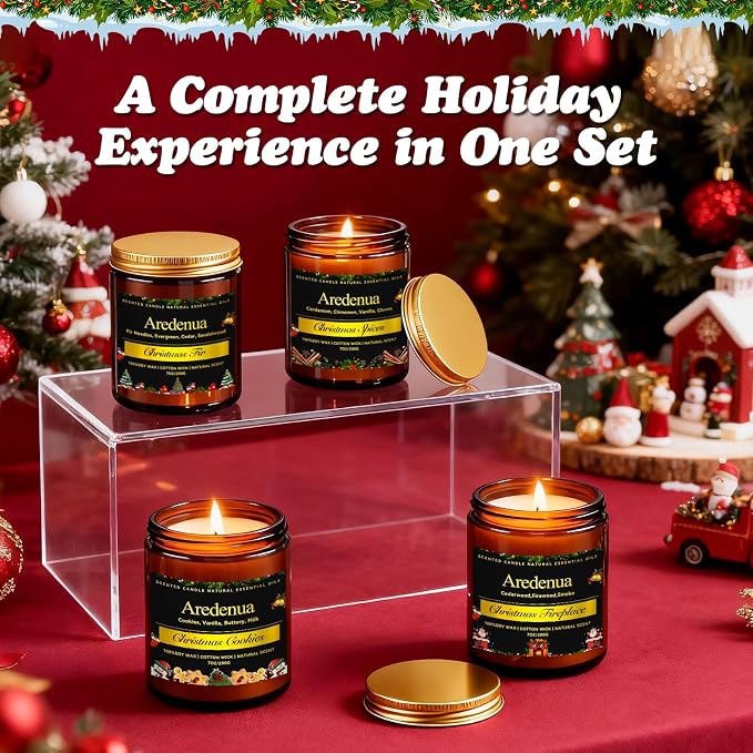 Christmas Candles Set | 4 Pack Holiday Scented Candle - 28oz Soy Candles for Home Scented - Seasonal Candle Gifts for Women and Men - Xmas Scents of Fir/Spices/Cookies/Fireplace