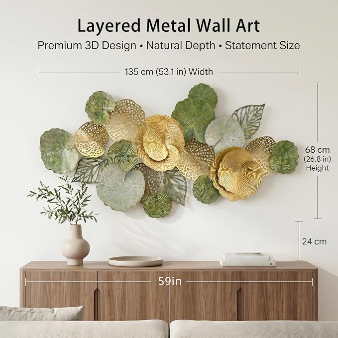 Axioglo 51" Large Wall Decor 3D Lotus Leaf Metal Wall Art for Living Room | 51" x 26" metal wall decor with layered metal texture, mounting hardware, two-way display