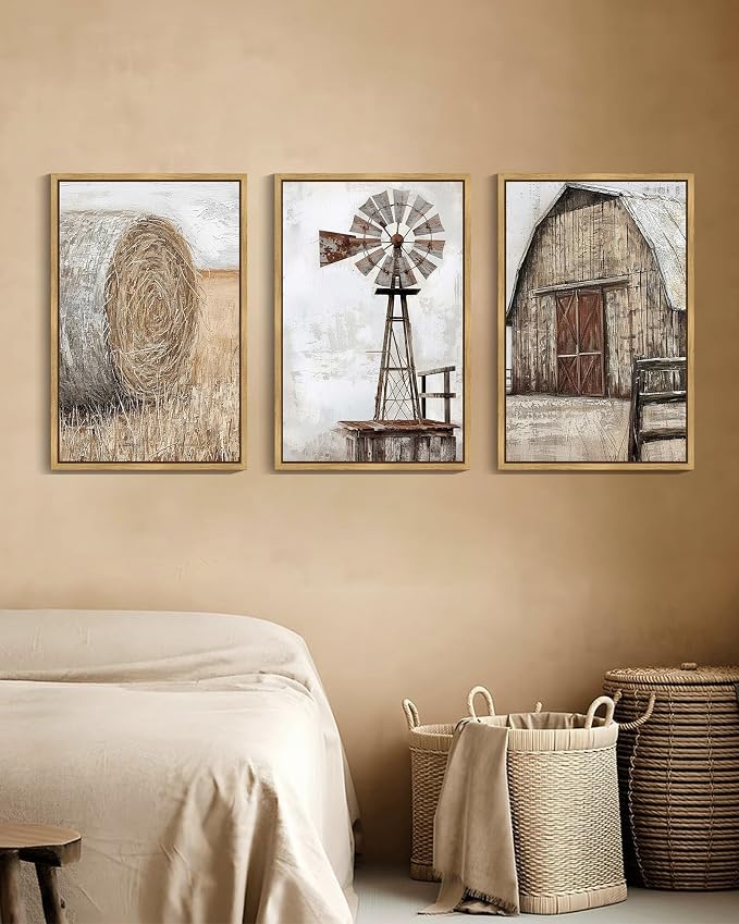 Drsoum Farmhouse Wall Art Vintage Rustic Windmill Barn Cornfield Pictures Framed Painting Landscape Countryside Rural Canvas Artwork Home Decor Ready to Hang 16x24in - Natural Framed