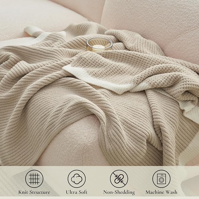 Chenille Throw Blanket, Soft Cozy Waffle Throw for Couch & Sofa, Warm Yet Lightweight, Breathable All-Season Throws for Women Men, Housewarming, Birthdays, 60"x80", Beige