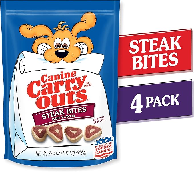 Canine Carry Outs Dog Treats, Steak Bites, 22.5 Ounce (Pack of 4), Made with Real Beef | Soft & chewy dog snacks. Made with real beef. The look & taste of real steak. Produced in Topeka, Kansas.