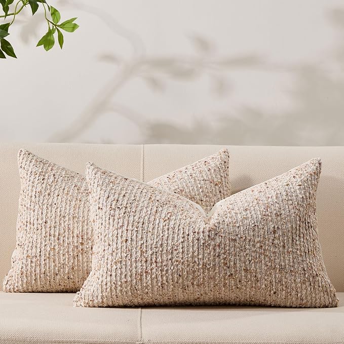 Allorry Throw Pillow Covers 12x20 Soft Wool Cushion Decorative Beige012A12 | Cozy Soft Touch,Neutral Textured Boho Cushion Covers Set of 2,for Modern Farmhouse Sofa Bedroom Living Room Decor