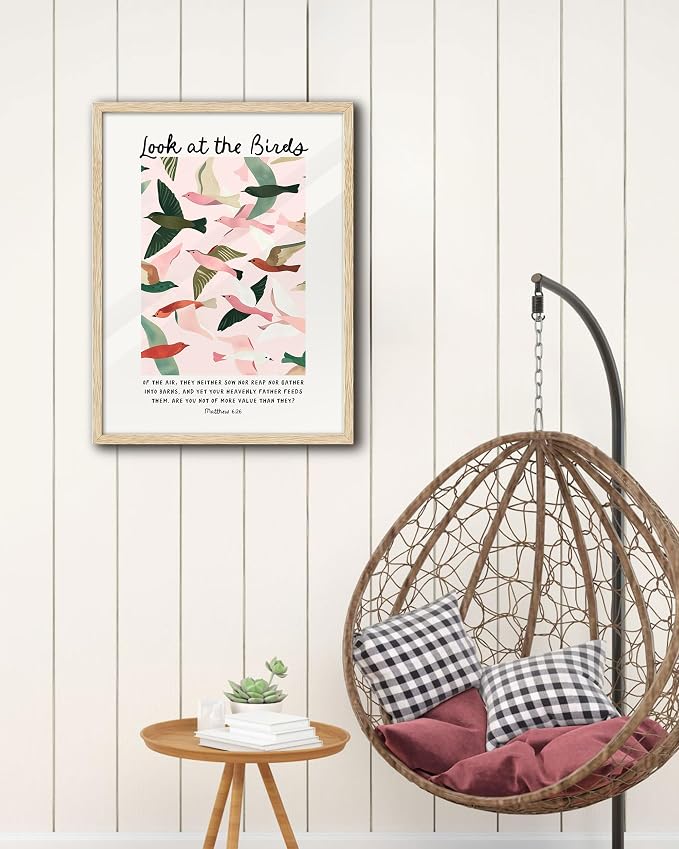 EcoHest 12x16 in Matthew 6:26 Look at the Birds Framed Christian Wall Art | Natural Oak Wood Frame with Canvas Wall Art, Scripture Bible Verse Wall Decor for Bedroom, Living Room, Office, Church, 1Pack