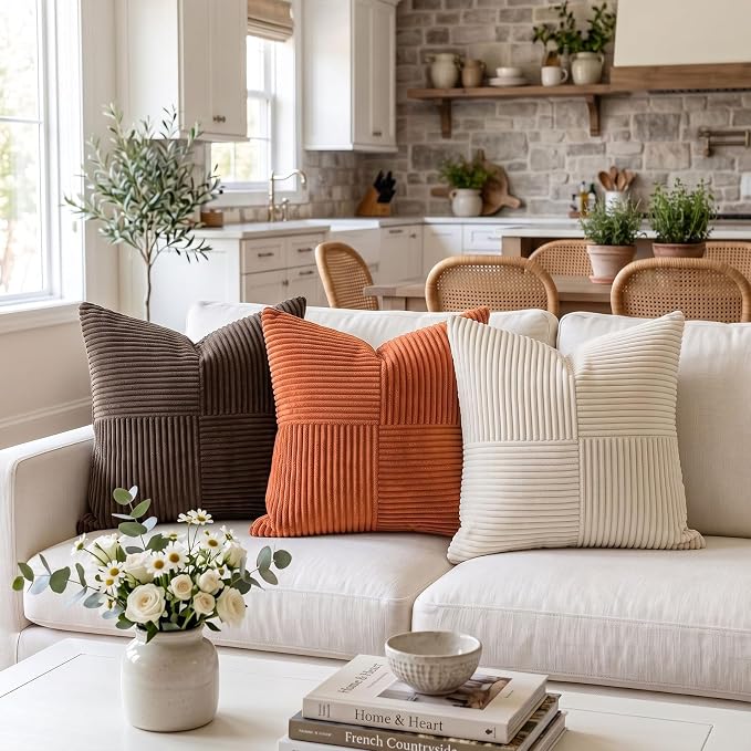 Fancy Homi Burnt Orange Decorative Throw Pillow Covers 26x26 Inch for Living Room Couch Bed, Boho Farmhouse Fall Home Decor, Soft Corss Corduroy Patchwork Textured Cushion Case 66x66 cm