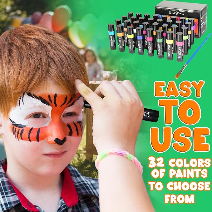 Jim&Gloria Face Paint Kit Bulk 32 Professional Face Painting Kit for Kids Party, Metallic, Neon, Classic Makeup, Facepaint Crayons, Washable Body Paint Adults, Girls Christmas Gifts Boys Crafts Toys