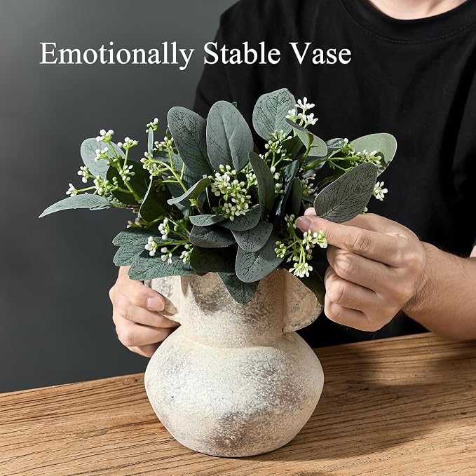 Emotionally Grounded Vase, Vaseking Ceramic Rustic Vase with 2 Handles, 6.1 inch Minimalist Decorative Farmhouse Vases for Home Decor, Living Room, Enterway, Table Decoration, Fired Terra Clay