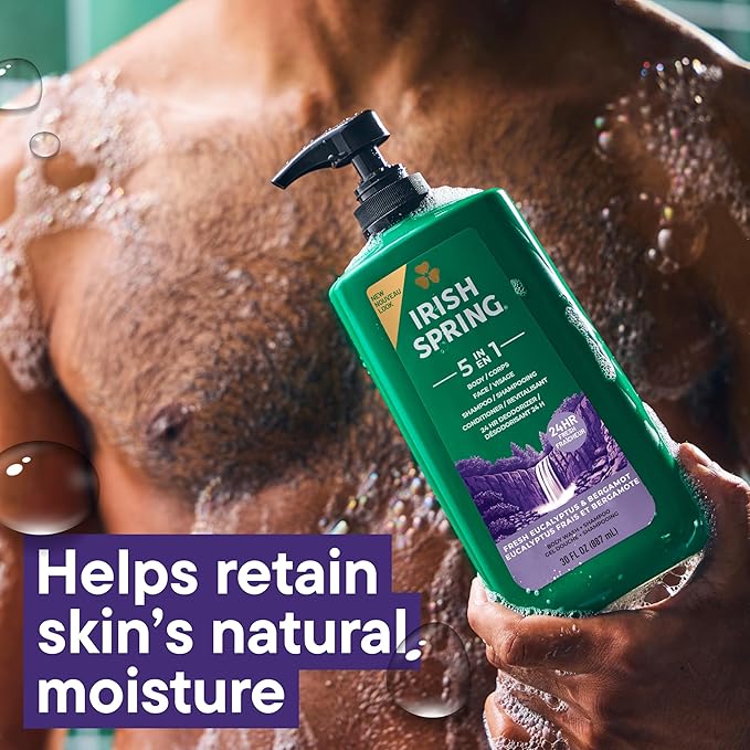 Irish Spring 5 in 1 Moisturizing Body Wash for Men, Shampoo, Conditioner, Body and Face Wash, and 24 Hour Deodorizer, Paraben-Free, Fresh Eucalyptus & Bergamot Scent, 30 fl oz - Packaging may vary
