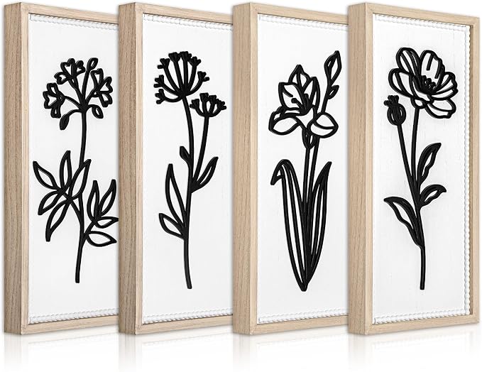 White Floral Bathroom Wall Decor Set of 4, Wood-Framed 3D Gallery Wall Art | Raised floral cutouts in rectangular frames, ready to hang; neutral boho farmhouse gallery decor for bedrooms and hallways