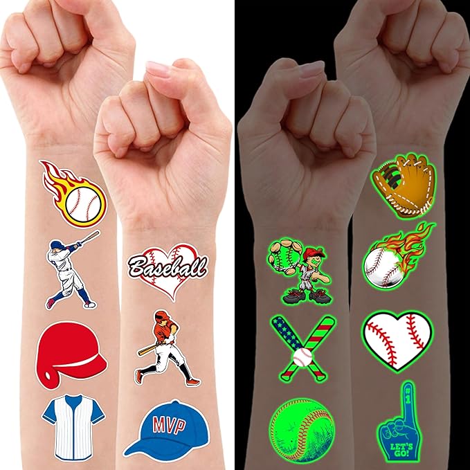 96PCS Baseball Pre-Cut Temporary Tattoos for Kids - Sports Themed Birthday Party Supplies, Fun Stickers for Boys & Girls, Party Favors, School Prizes, Summer Olympic Gifts (Glow in the dart)