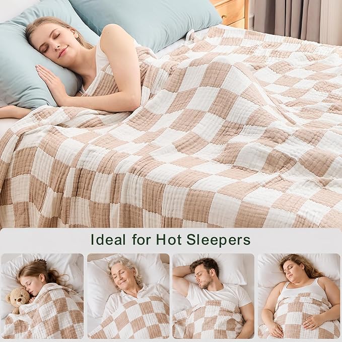 EMME Cooling Muslin Blanket for Adults - Checkered Lightweight Summer Cotton Throw Blankets of Rayon Derived from Bamboo for Hot Sleepers, Ultra Soft Breathable Gauze
