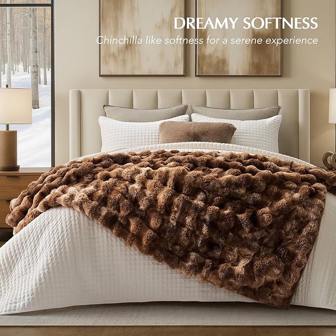 Faux Rabbit Fur Bubble Throw Blanket, 50"x60", Lion Caramel | Ultra Soft, Luxury Faux Rabbit Fur Throw, Thick Warm Bubble Blanket, Cozy Fluffy Reversible, for Bed, Couch, Chair, Sofa