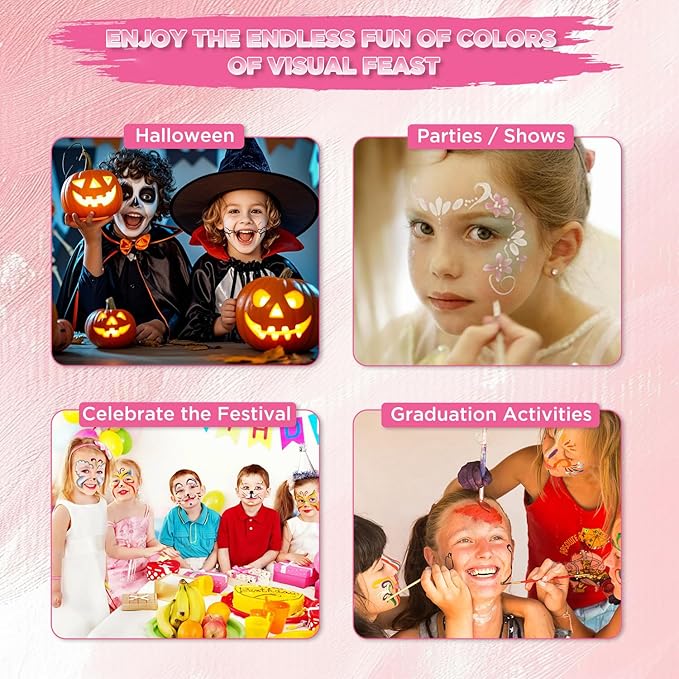 Face Painting Kit DIY Body Art Set - 24 Colors With Stencils Brushes and Hair Chalk - Professional Body Makeup Kit for Parties Birthdays Halloween