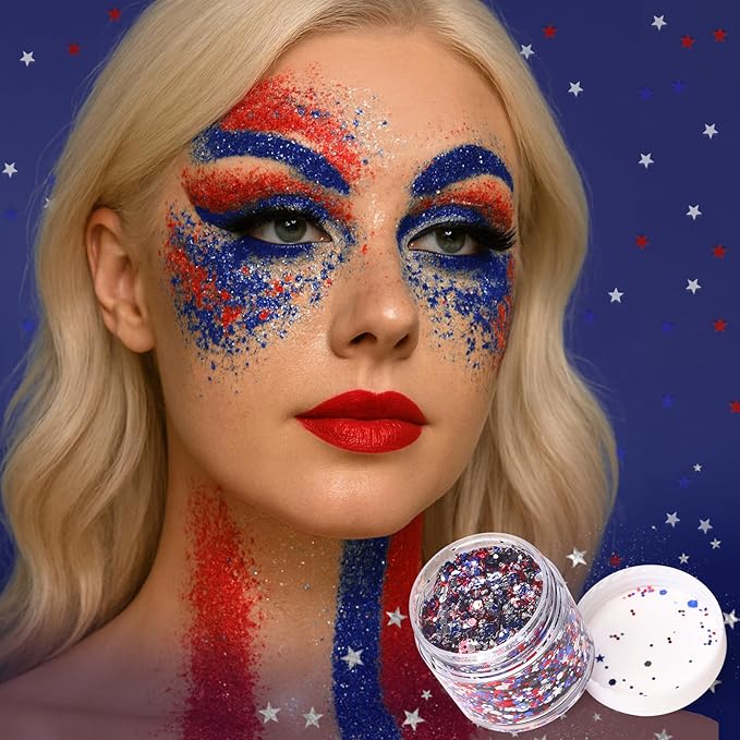 Red White Blue USA Flag Face Body Glitter, Pride Glitter Gel for Hair Nail Art, Holographic Chunky Sequins for Independence Day Patriotic Accessories 4th of July Festival Celebrations for Women