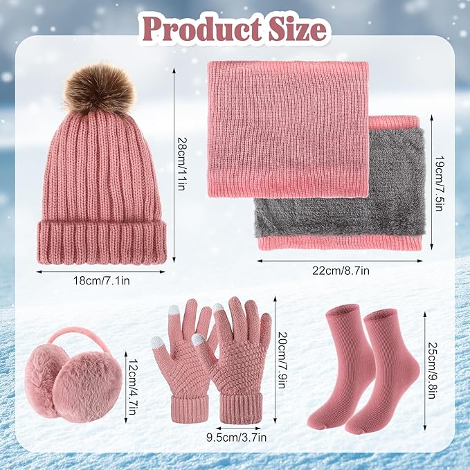 SATINIOR 5 Pcs Winter Hat Scarf Gloves Set Fleece Warm Lined Knit Beanie Hat Touch Screen Earmuff Gloves Warmer for Women(Pink,Cool Style)