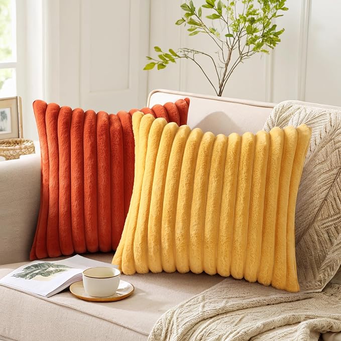 Pallene Faux Fur Decorative Throw Pillow Covers 24x24 Set of 2, Yellow | Luxury Plush Texture, Striped Design, Cozy Soft Touch, Modern Home Accent Decor for Couch, Sofa, Bed, Living Room