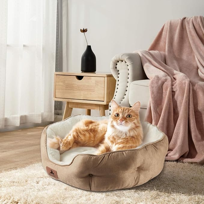 Medium Dog Bed for Medium Dogs, Cat Beds for Indoor Cats, Pet Bed for Puppy and Kitty, Extra Soft & Machine Washable with Anti-Slip & Water-Resistant Oxford Bottom, Light Brown, 25 inches