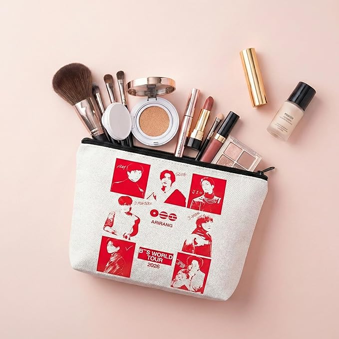 K-Pop Inspired Makeup Bag Red White, Cute Cosmetic Pouch with Zipper, Travel Organizer for Concert, School, Gym, Gifts for Fans