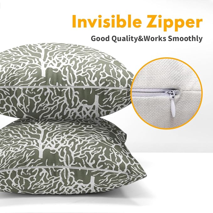 Nautical Coastal Coral Pillow Covers 20x20 Inch Set of 2 Summer Ocean Beach Sage Green Decorative Pillow Cases Outdoor Linen Cushion Cover Farmhouse Decor for Bedroom Home Sofa Couch Bed