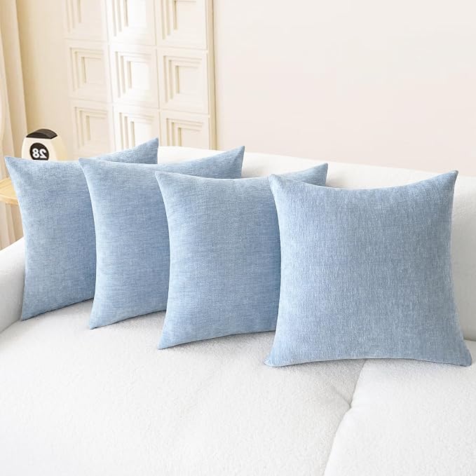 CaliTime Decorative Couch Throw Pillow Covers 18 X 18 Inches Baby Blue | Pack of 4, Cozy Chenille Cushion Cases for Sofa Bed Living Room Farmhouse Home