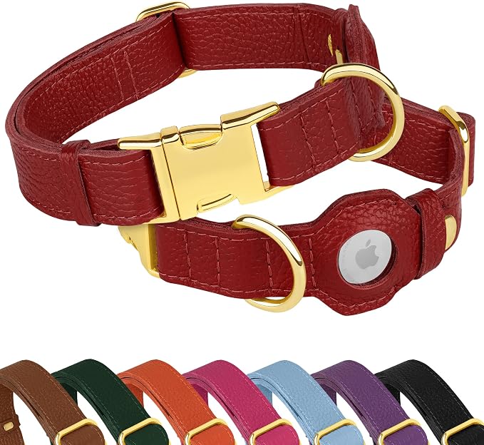 Leather Airtag Dog Collar - Soft Tracking Dog Collar with Apple AirTag Holder and Metal Buckle - Safety GPS Pet Collars for Small Medium Large Dogs Puppy Pink Red (Red, XL, 20"-25" Neck Fit)