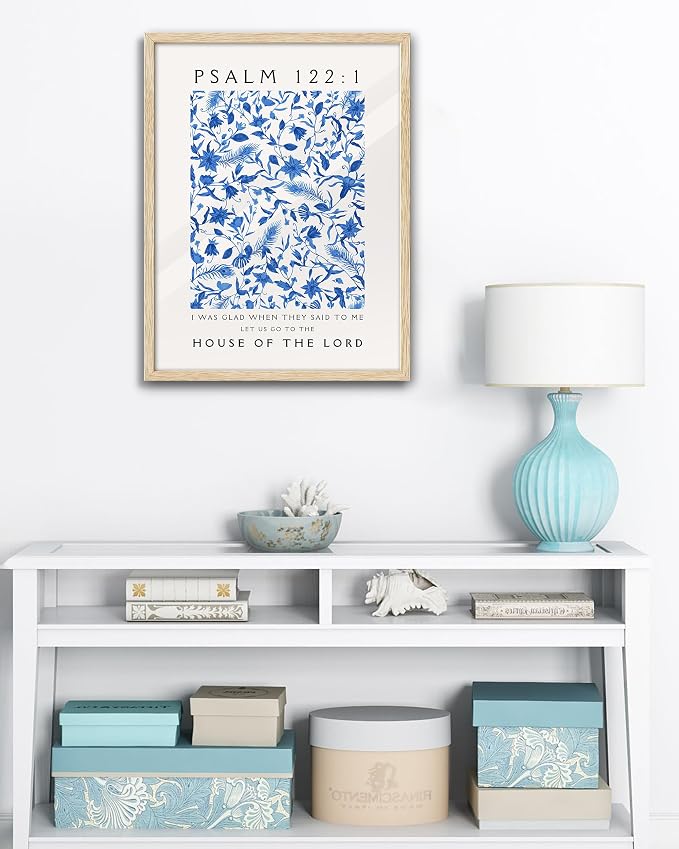 EcoHest 16x20 in Psalm 122:1 Blue Floral Framed Christian Wall Art | Solid Oak Wood Frame with Canvas Wall Art, Botanical Scripture Wall Decor for Bedroom, Living Room, Office, Church, 1Pack