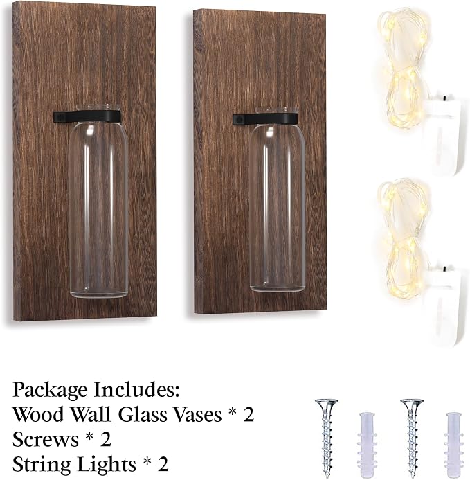 Heiple 2 Pack Wood Glass Wall Sconces, Farmhouse Planters for Indoor Plants, Rustic Decor for Living Room, Hanging Vase (Brown)