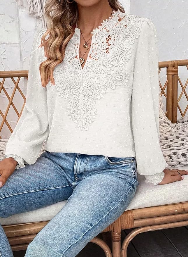 Womens Tops Swiss Dot Boho Long Sleeve Shirts V Neck Casual Chiffon Blouses Flowy Lace Hem Cute Clothing Trendy 2026