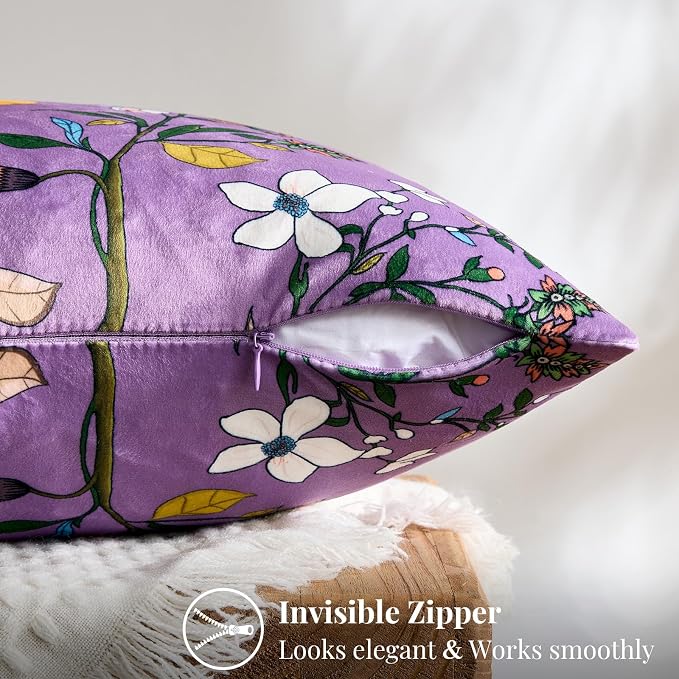 MUSSEL Plum Purple Floral Vintage Decorative Pillow Covers 18x18 Set of 2 | Soft Velvet,Wild Flower Plant,Throw Pillows Case,Square,Colorful Farmhouse Cushion Covers,Home Sofa Bed Couch Decor